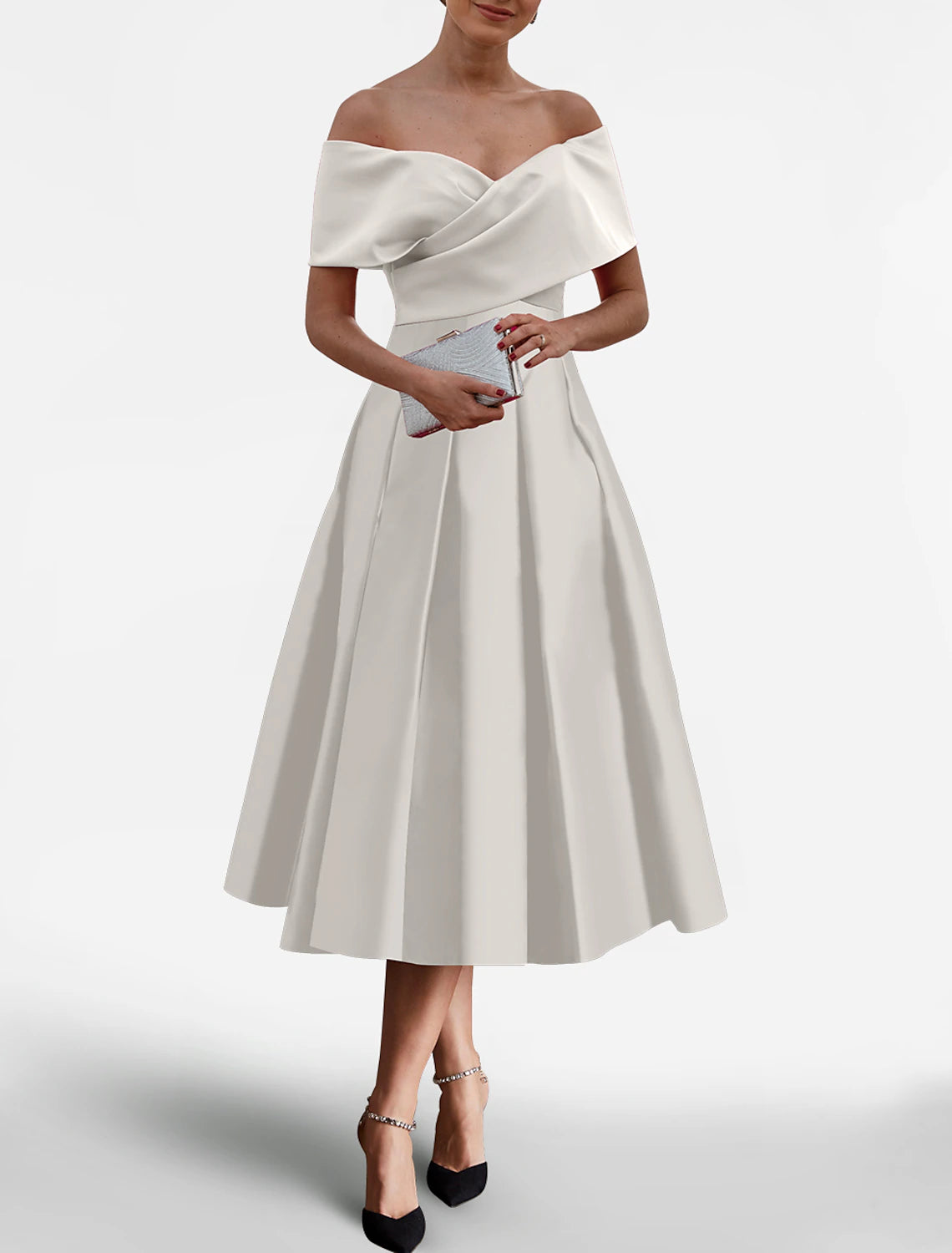 A-Line Cocktail Dresses Elegant Dress Wedding Guest Tea Length Short Sleeve Off Shoulder Satin with Pocket