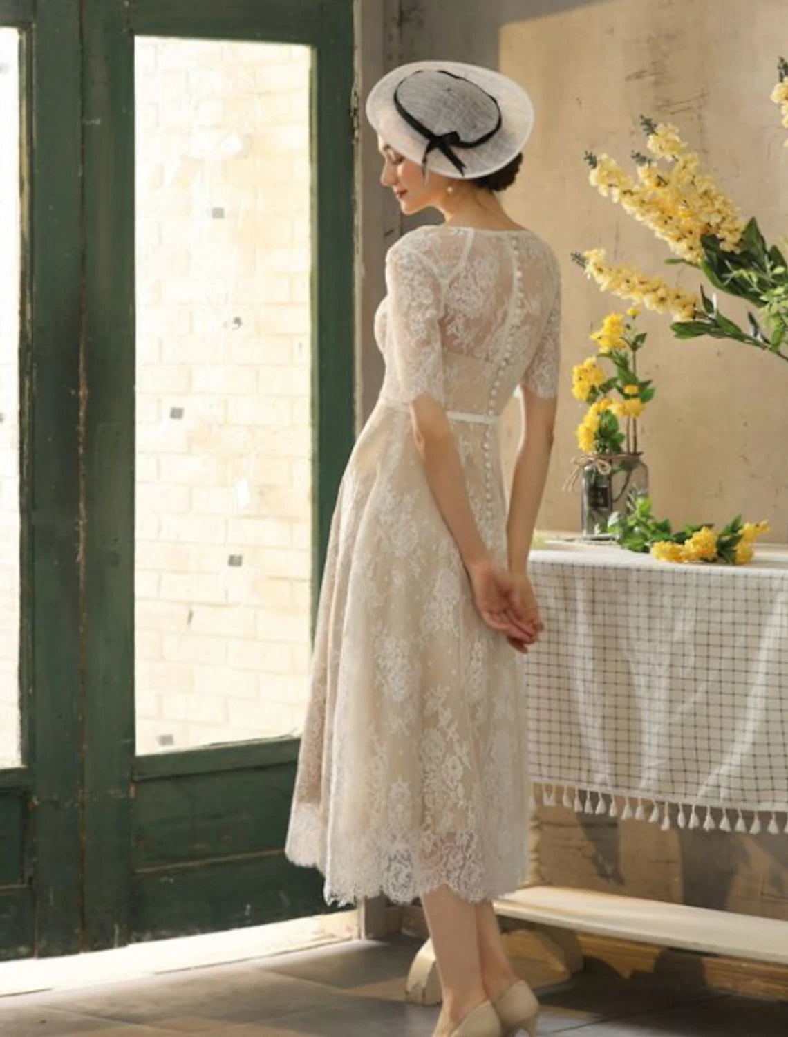 Reception Fall Wedding Dresses Little White Dresses in Color A-Line Illusion Neck Half Sleeve Tea Length Lace Bridal Gowns With Sash / Ribbon Appliques Summer Party  Women's Clothing