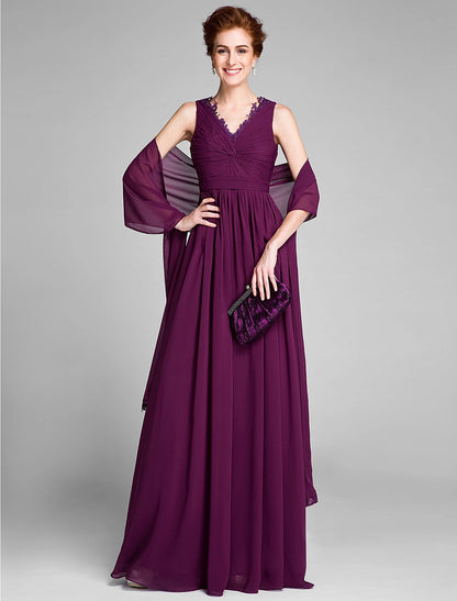 Sheath / Column Mother of the Bride Dress Wrap Included V Neck Floor Length Chiffon Sleeveless with Sash / Ribbon Criss Cross