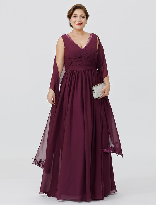 Sheath / Column Mother of the Bride Dress Formal Classic & Timeless Elegant & Luxurious Plus Size V Neck Floor Length Chiffon Sleeveless yes with Sash / Ribbon Criss Cross Appliques