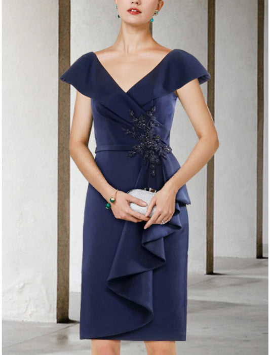 A-Line Mother of the Bride Dress Wedding Guest Petite V Neck Short / Mini Stretch Chiffon Short-Sleeve with Beading Split Front Ruching