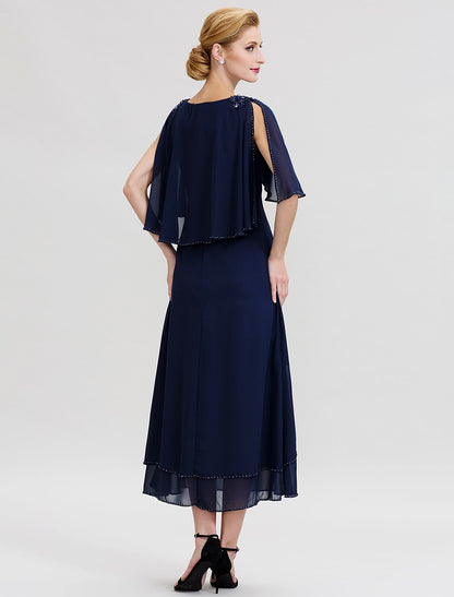 A-Line Mother of the Bride Dress Elegant Cowl Neck Floor Length Chiffon Half Sleeve with Beading