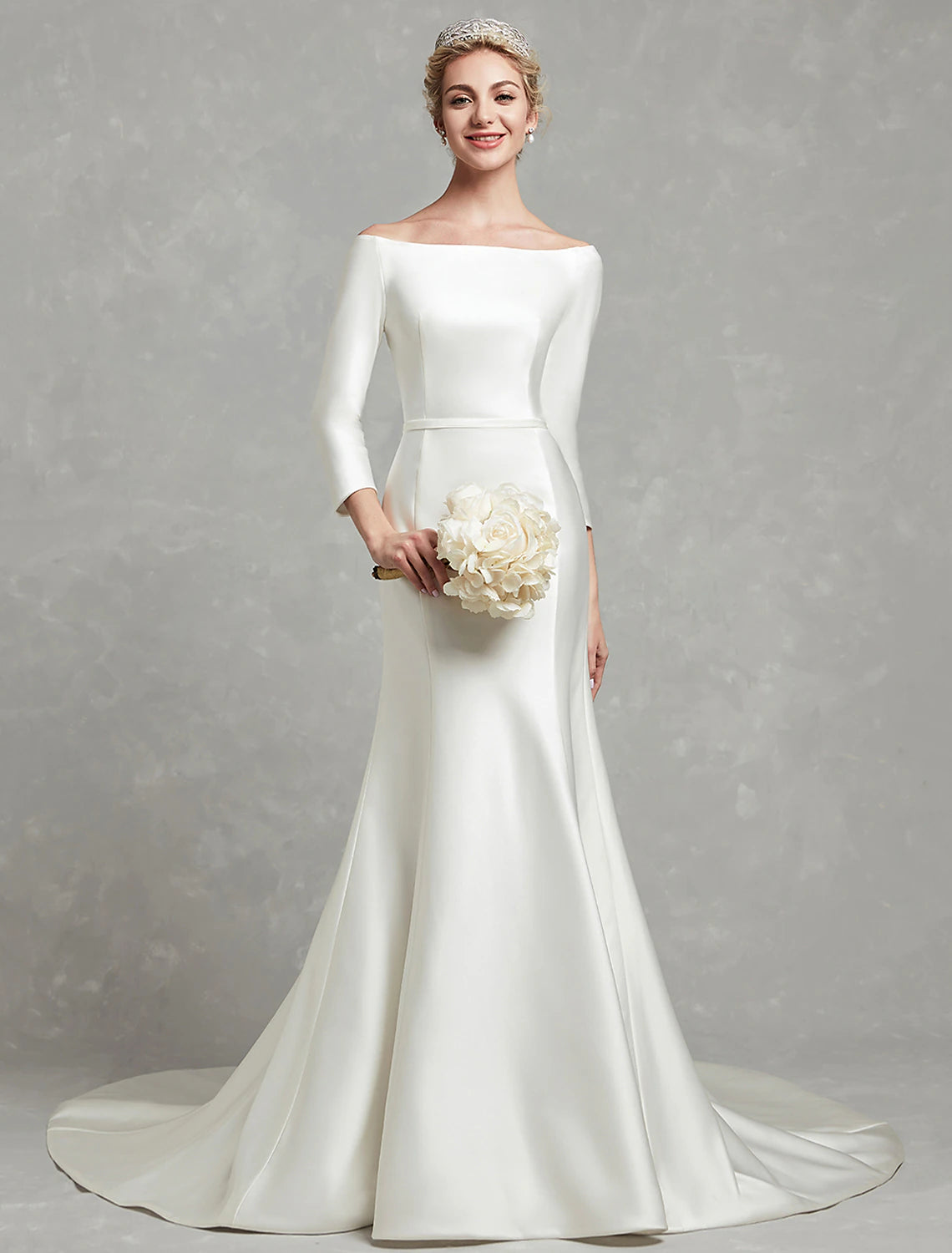 Casual Fall Wedding Dresses Mermaid / Trumpet Off Shoulder 3/4 Length Sleeve Chapel Train Satin Bridal Gowns With Pleats Summer Wedding Party  Women's Clothing