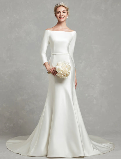 Casual Fall Wedding Dresses Mermaid / Trumpet Off Shoulder 3/4 Length Sleeve Chapel Train Satin Bridal Gowns With Pleats Summer Wedding Party  Women's Clothing