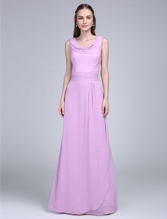 Sheath / Column Bridesmaid Dress Cowl Neck Sleeveless Elegant Floor Length Chiffon with Sash / Ribbon / Ruched