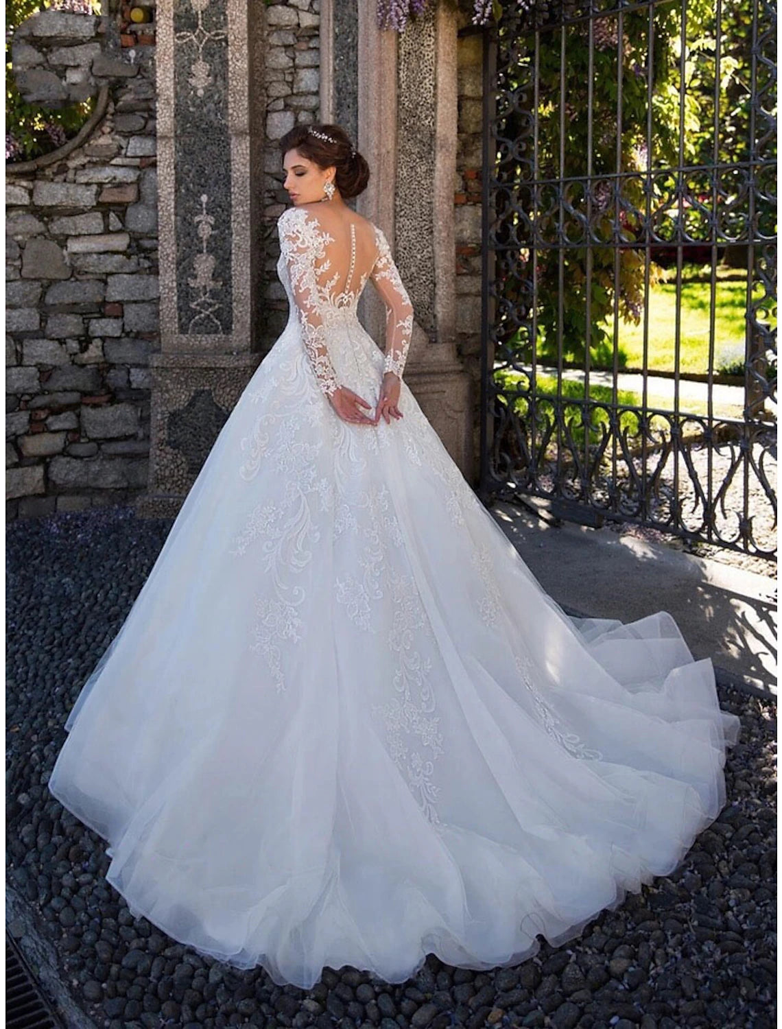 Engagement Formal Fall Wedding Dresses Ball Gown Illusion Neck Long Sleeve Court Train Lace Bridal Gowns With Lace Appliques Summer Wedding Party Women‘s Clothing