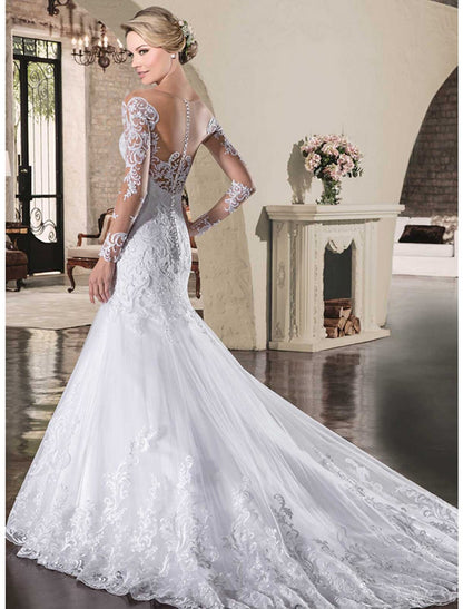 Engagement Open Back Formal Fall Wedding Dresses Mermaid / Trumpet Illusion Neck Long Sleeve Court Train Lace Bridal Gowns With Appliques  Summer Wedding Party, Women's Clothing