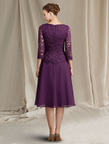 A-Line Mother of the Bride Dress Plus Size Elegant V Neck Knee Length Chiffon Lace Short Sleeve with Appliques Solid Color