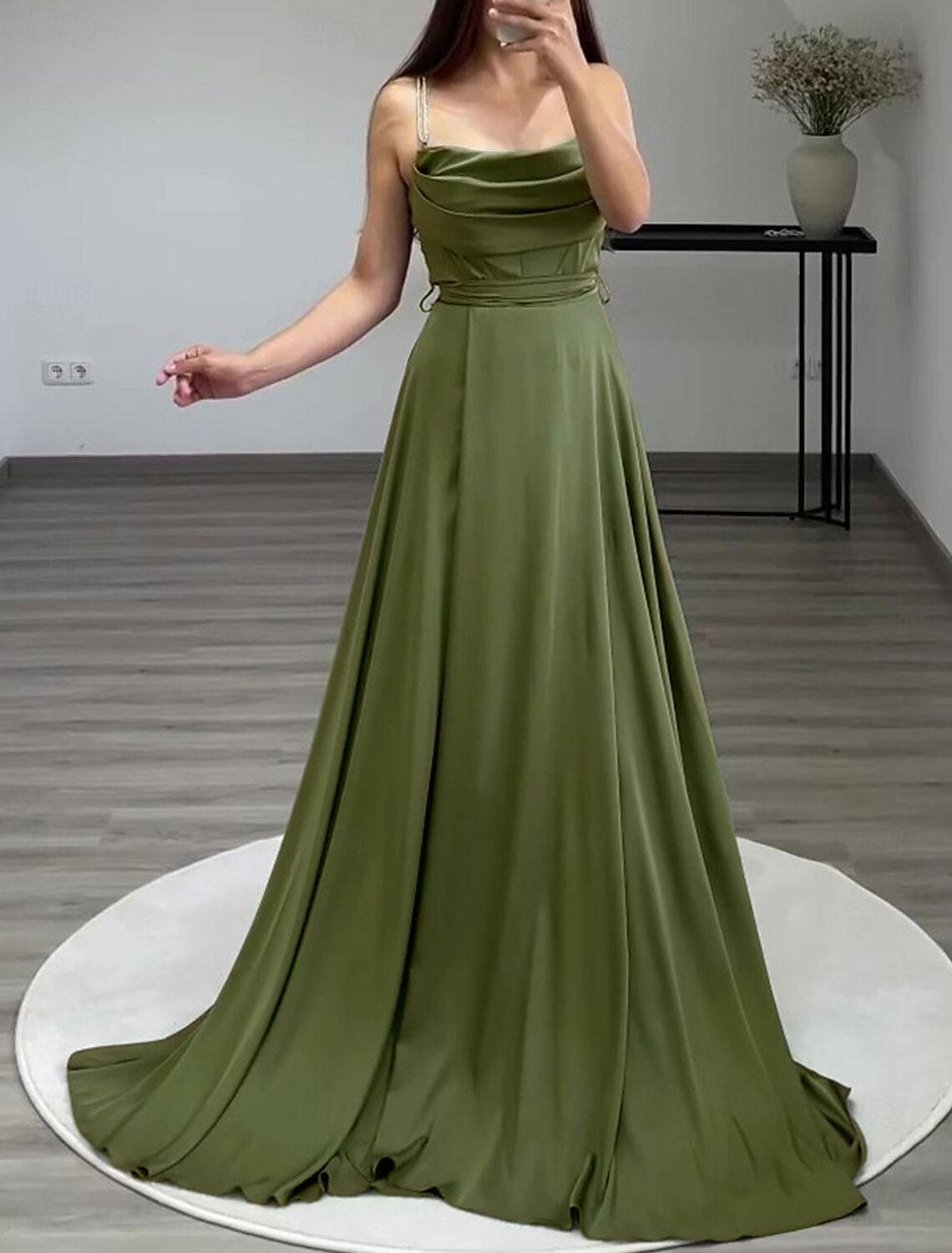 A-Line Evening Gown Elegant Dress Formal Floor Length Sleeveless Spaghetti Strap Italy Satin with Ruched