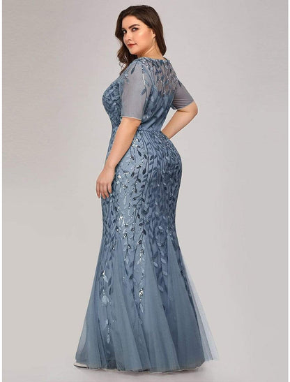 Mermaid / Trumpet Empire Elegant Party Wear Formal Evening Dress Jewel Neck Short Sleeve Floor Length Tulle with Embroidery