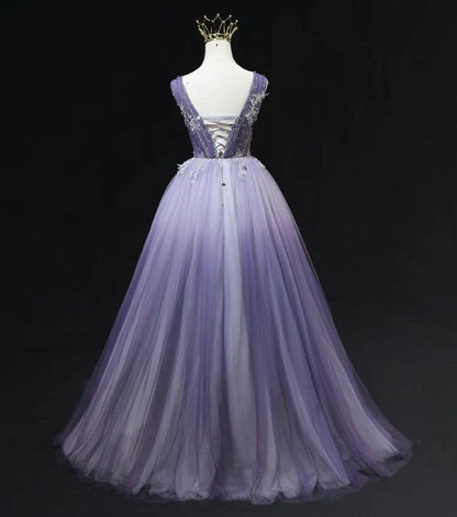 Light Purple Tulle Gradient Lace Applique Formal Dress, Beautiful Long Prom Dress