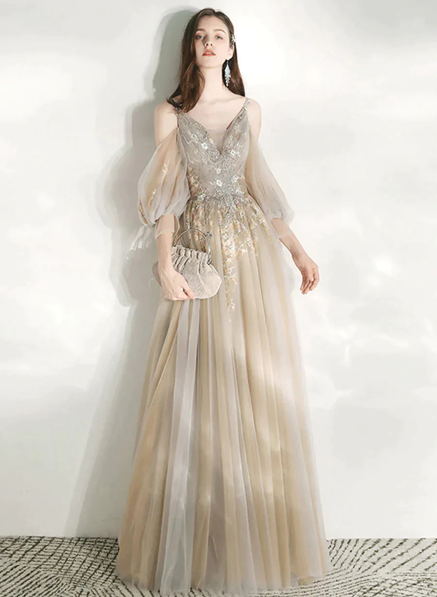 Light Champagne V-neckline Party Dress, A-line Long Prom Dress Evening Dress