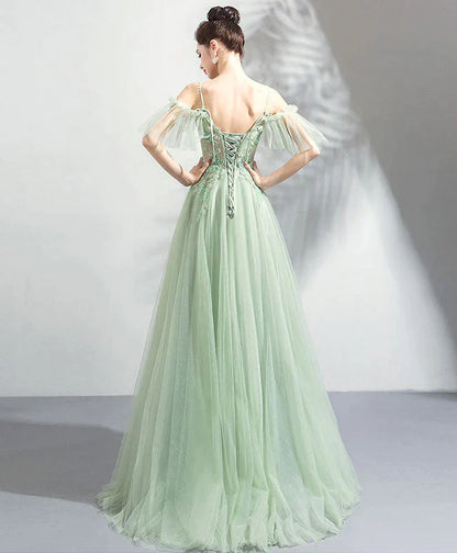 Green V-neckline with Lace Applique Off Shoulder, Green Bridesmaid Dress