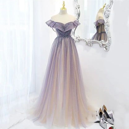 Light Purple Shiny Tulle Gradient A-line Sweetheart Prom Dress, Long Tulle Formal Dress