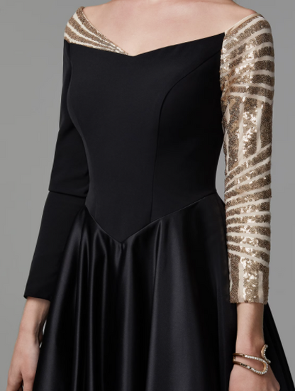 Black Sparkle Formal Evening Dress Off Shoulder Long Sleeve Floor Length Satin with Sequin