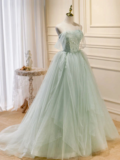 Zoom Light Green Tulle Beaded Sweetheart Long Prom Dress, A-line Green Formal Dress