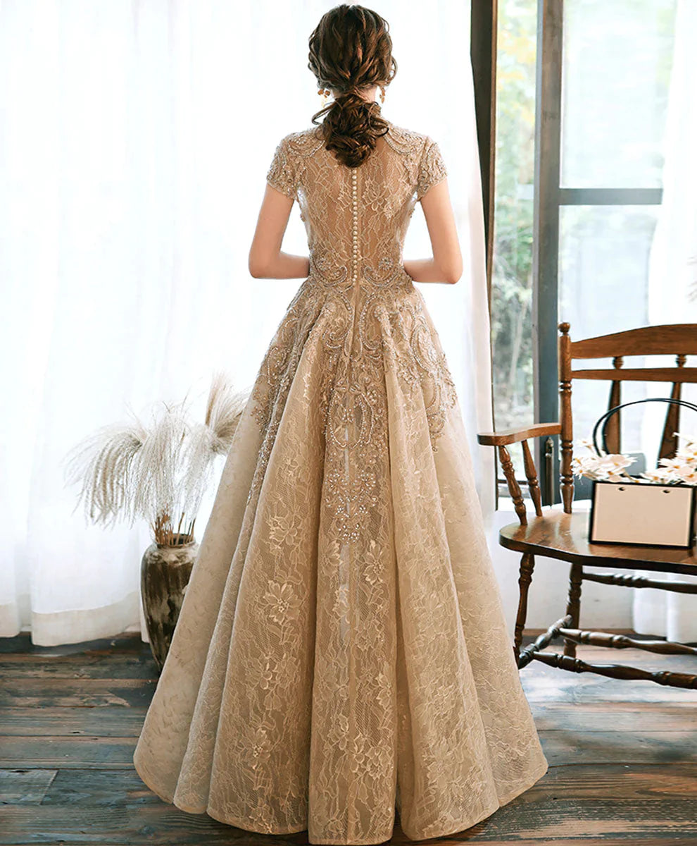 Champagne Lace High Low Short Sleeves Prom Dress, High Low Homecoming Dress