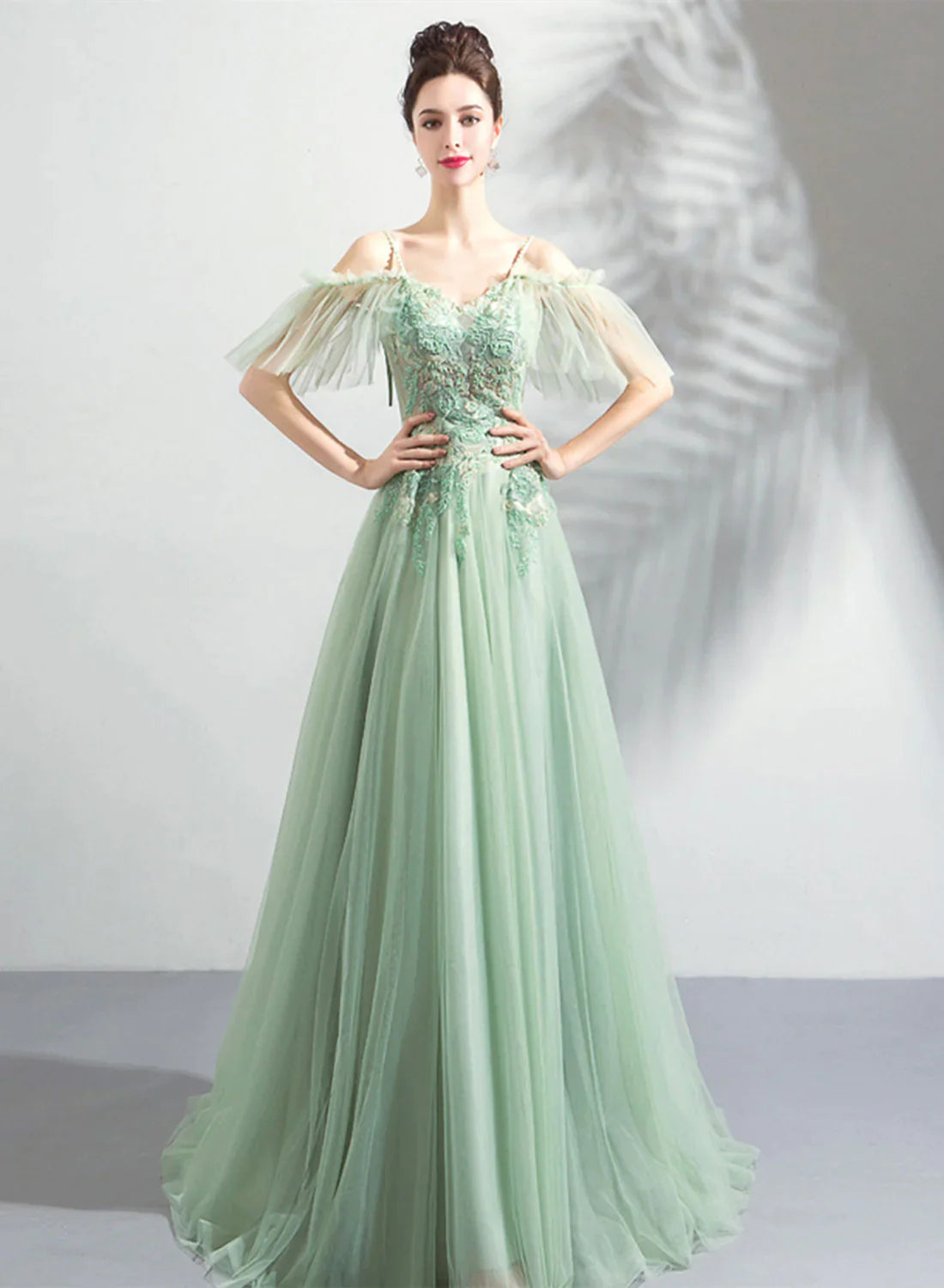 Green V-neckline with Lace Applique Off Shoulder, Green Bridesmaid Dress