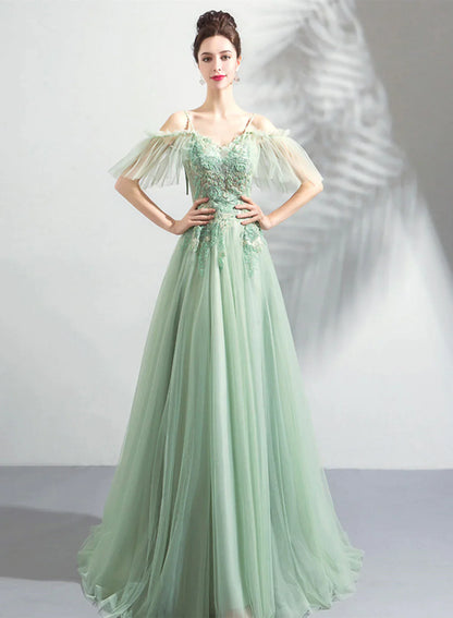 Green V-neckline with Lace Applique Off Shoulder, Green Bridesmaid Dress