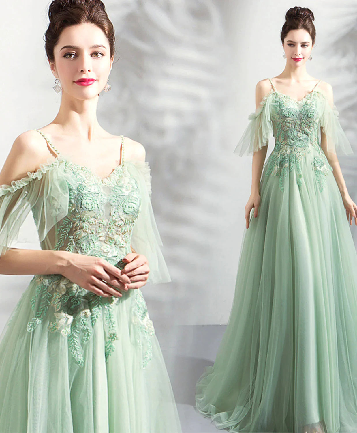 Green V-neckline with Lace Applique Off Shoulder, Green Bridesmaid Dress
