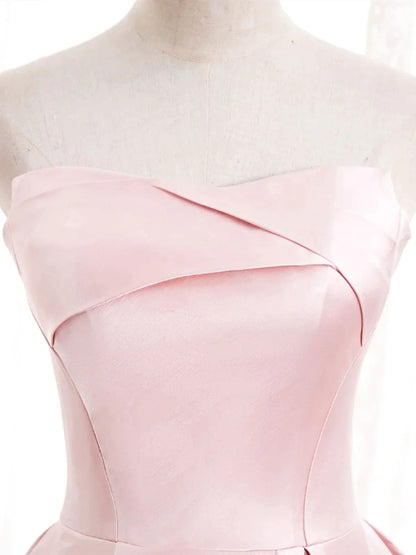 Strapless A-line Pink Satin Prom Dresses, Pink Satin Long Party Dress