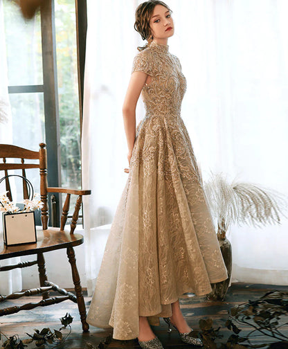 Champagne Lace High Low Short Sleeves Prom Dress, High Low Homecoming Dress