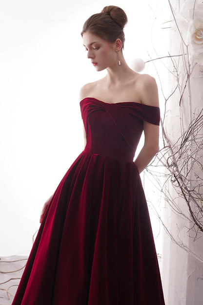 Wine Red Velvet Long Prom Dress, Off the Shoulder Evening Dress