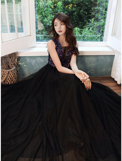A-Line Glittering Wedding Guest Prom Dress V Neck Sleeveless Floor Length Sequined with
