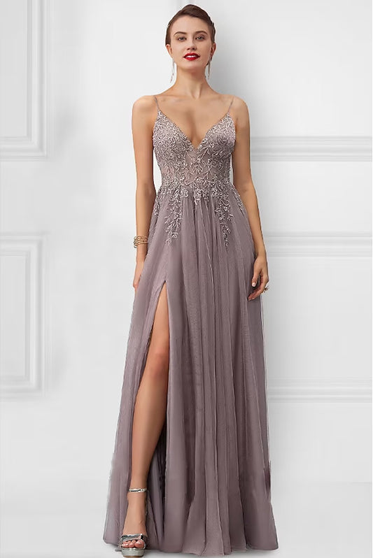 A-Line Prom Dresses Floral Dress Party Wear Floor Length Sleeveless Strap Tulle with Slit