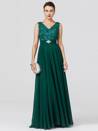 A-Line Elegant Prom Dress Wedding Floor Length Sleeveless V Neck Chiffon Back Beading