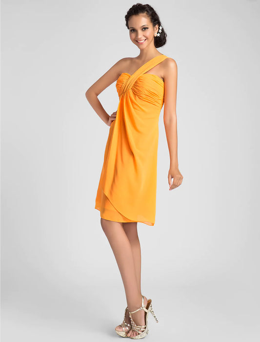 A-line One Shoulder Ruched Chiffon Knee Length Bridesmaid Dress