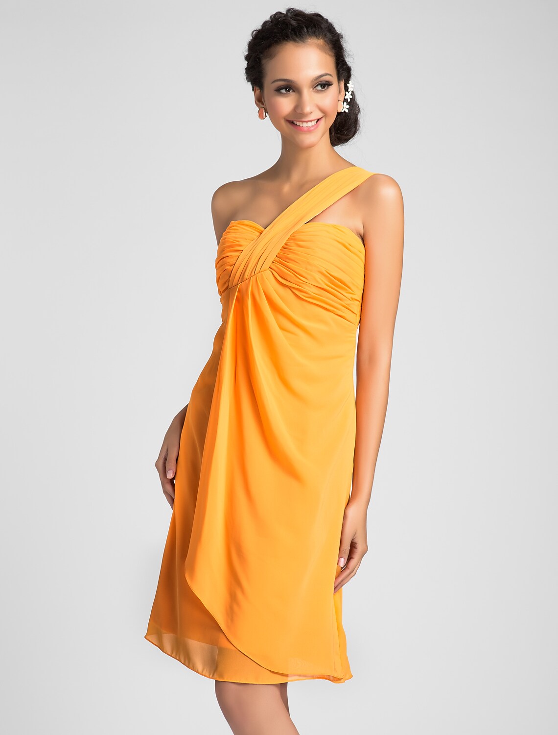A-line One Shoulder Ruched Chiffon Knee Length Bridesmaid Dress