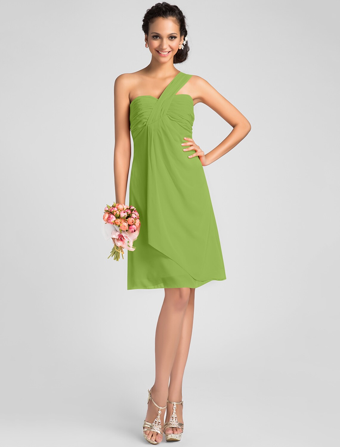 A-line One Shoulder Ruched Chiffon Knee Length Bridesmaid Dress