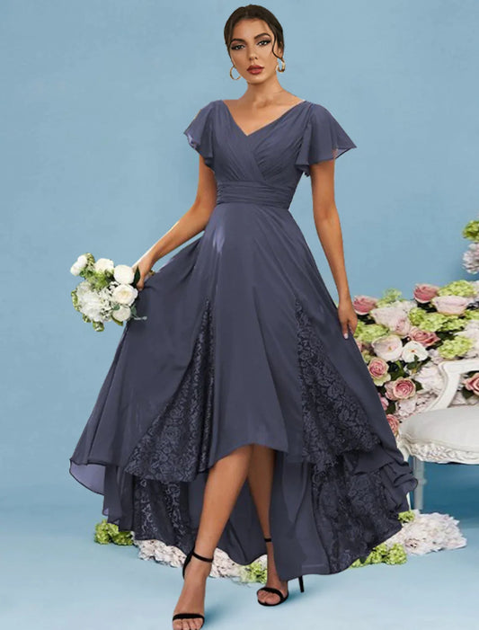 Dusty Blue A-line V Neck Flutter Sleeve High Low Lace Trim Chiffon Bridesmaid Dress