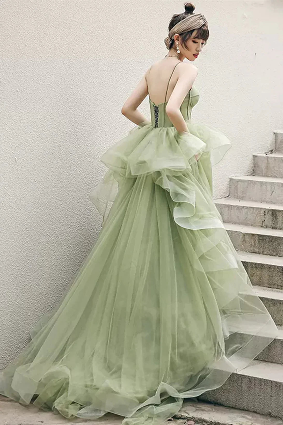 Green Tulle Sweetheart Long Formal Dress, Green Low Back Prom Dress
