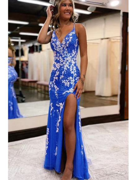 Mermaid V Neck Spaghetti Strap Lace Up Back High Slit Floral Applique Tulle Prom Dress