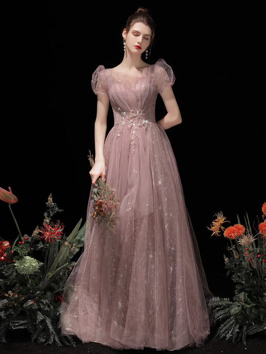 Pink Tulle Short Sleeves A-line Floor Length Formal Dress, Pink Cute Long Prom Dress