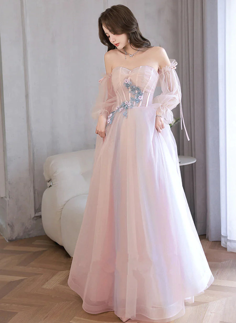 Light Pink Off Shoulder A-line Tulle Prom Dress with Lace, Pink Formal Dress