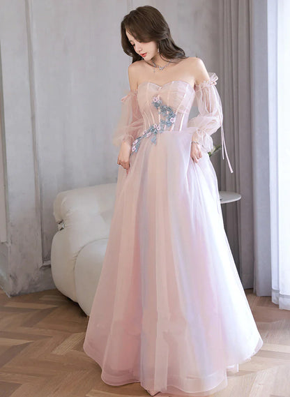 Light Pink Off Shoulder A-line Tulle Prom Dress with Lace, Pink Formal Dress