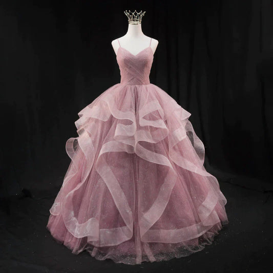 Pink Sweetheart Tulle Long Evening Dress Prom Dress, Pink Sweet 16 Gown