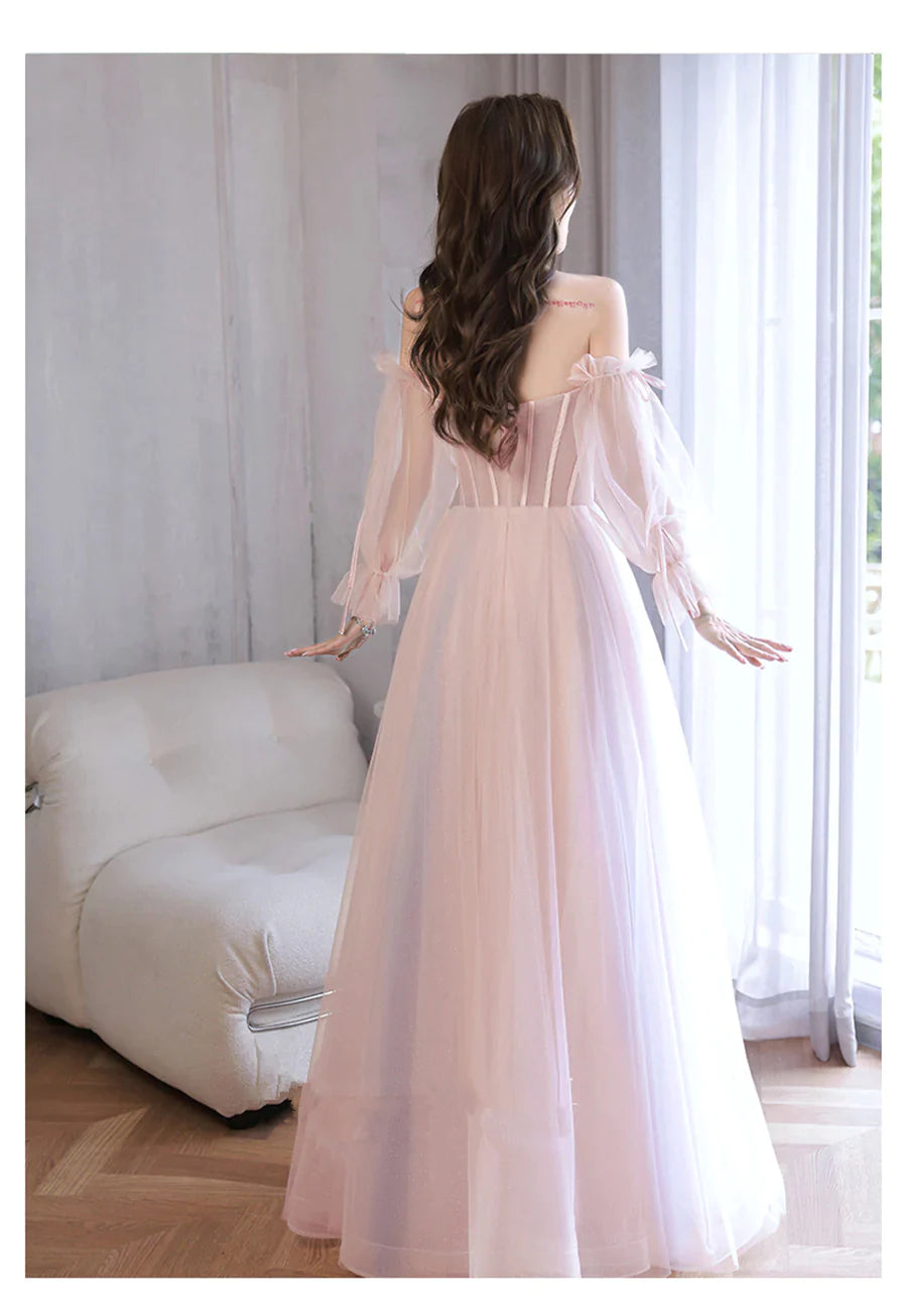 Light Pink Off Shoulder A-line Tulle Prom Dress with Lace, Pink Formal Dress