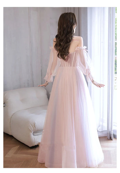 Light Pink Off Shoulder A-line Tulle Prom Dress with Lace, Pink Formal Dress