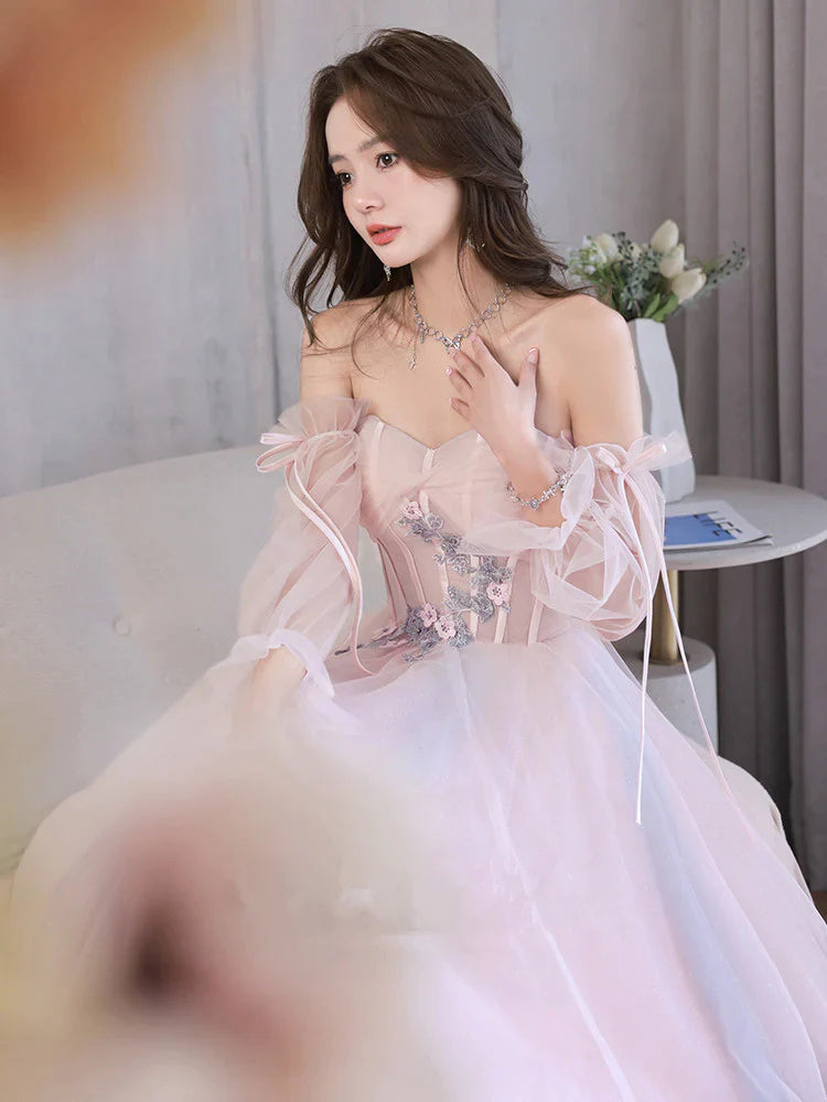 Light Pink Off Shoulder A-line Tulle Prom Dress with Lace, Pink Formal Dress