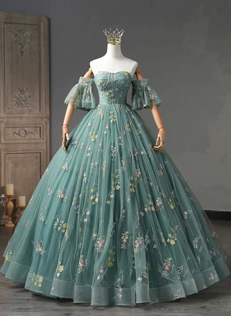 Green Floral Off Shoulder Scoop Long Formal Dress, Floral Prom Dress