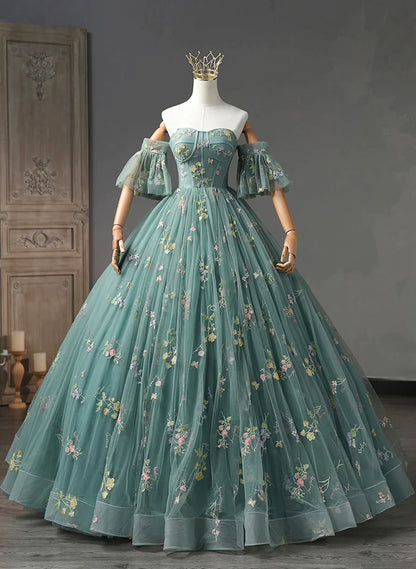 Green Floral Off Shoulder Scoop Long Formal Dress, Floral Prom Dress