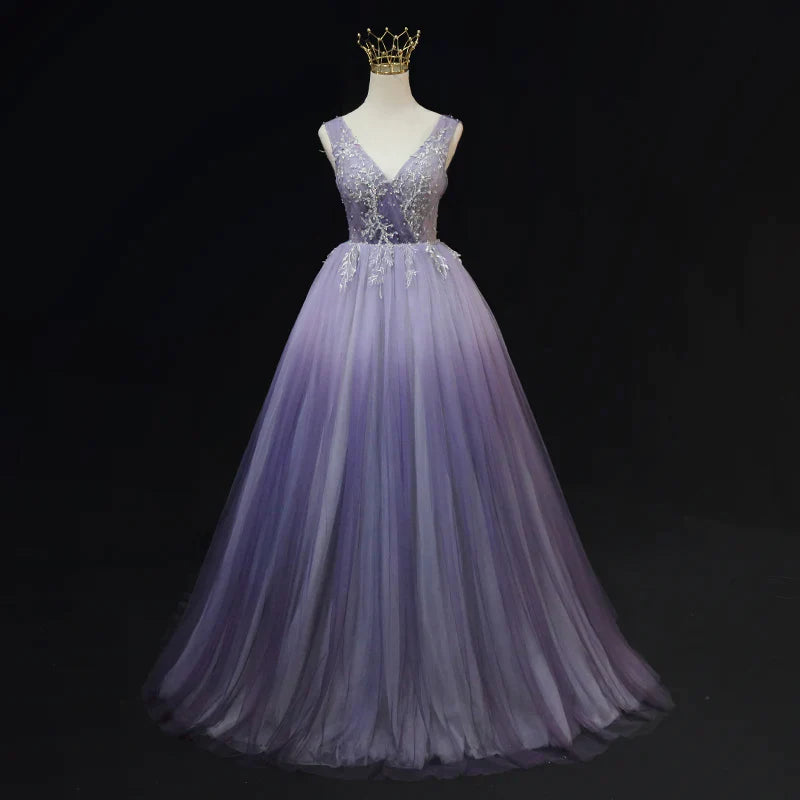 Light Purple Tulle Gradient Lace Applique Formal Dress, Beautiful Long Prom Dress