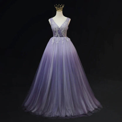 Light Purple Tulle Gradient Lace Applique Formal Dress, Beautiful Long Prom Dress