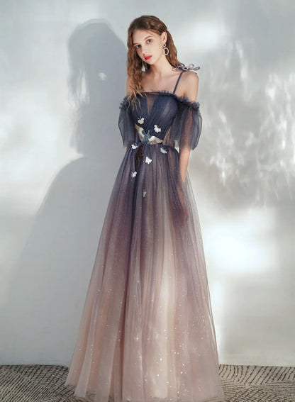 Beautiful Gradient Tulle Off Shoulder with Butterflies, A-line Simple Long Prom Dress
