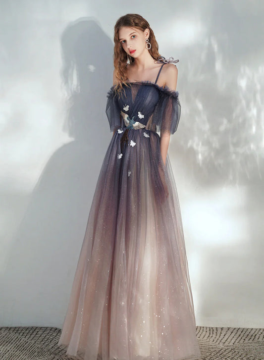 Beautiful Gradient Tulle Off Shoulder with Butterflies, A-line Simple Long Prom Dress