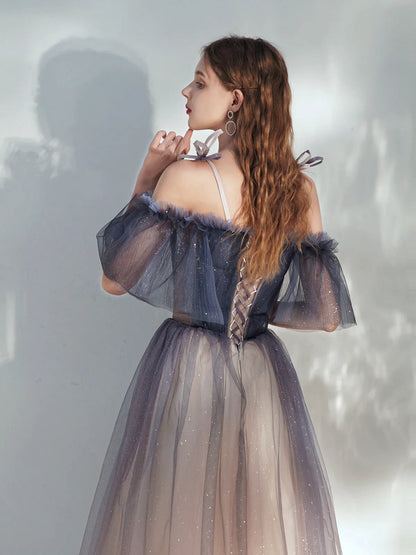 Beautiful Gradient Tulle Off Shoulder with Butterflies, A-line Simple Long Prom Dress